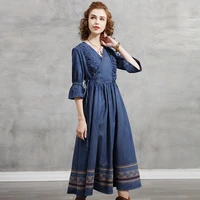 tiyihailey free shipping 2022 new half sleeve long mid calf denim women vintage embroidery dress s xl chinese style v neck