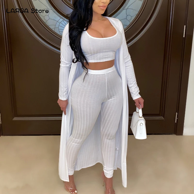 

Autumn Sexy 3 Three Piece Matching Suit Casual Winter High Elastic Crop Top And Slim Pants And Long Cardigan Women Sets