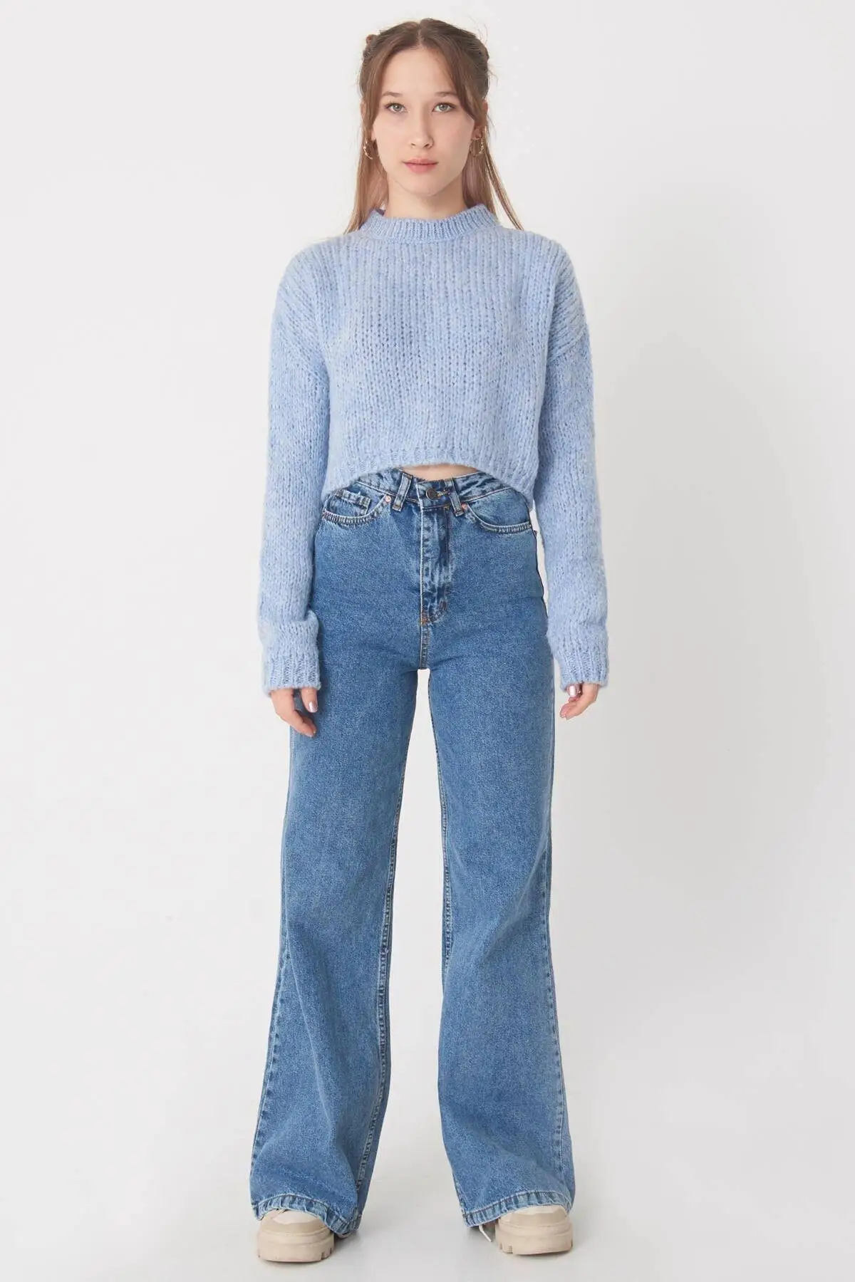 

Womens'S Blue Short Knit Sweater Crop top Long sleeve Pullovers