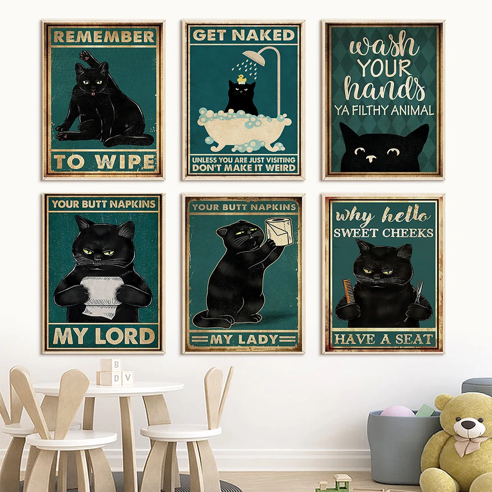 

Funny Cartoon Black Cats Posters Get Naked Prints Vintage Canvas Painting Wall Art Pictures Home Decor For Living Room Bedroom