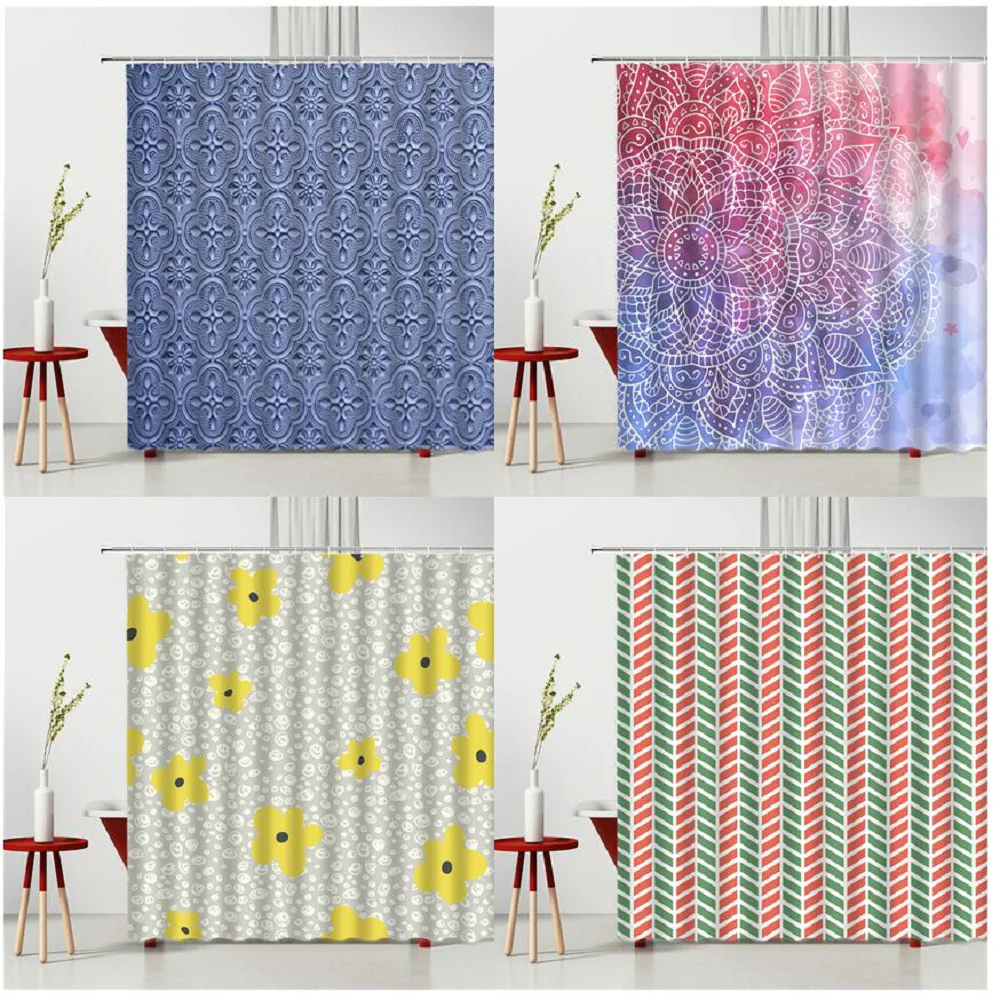 

Geometric Stripes Yellow Printing Shower Curtains Bathroom Decor Waterproof Polyester Fabric Bathtub Curtain Set