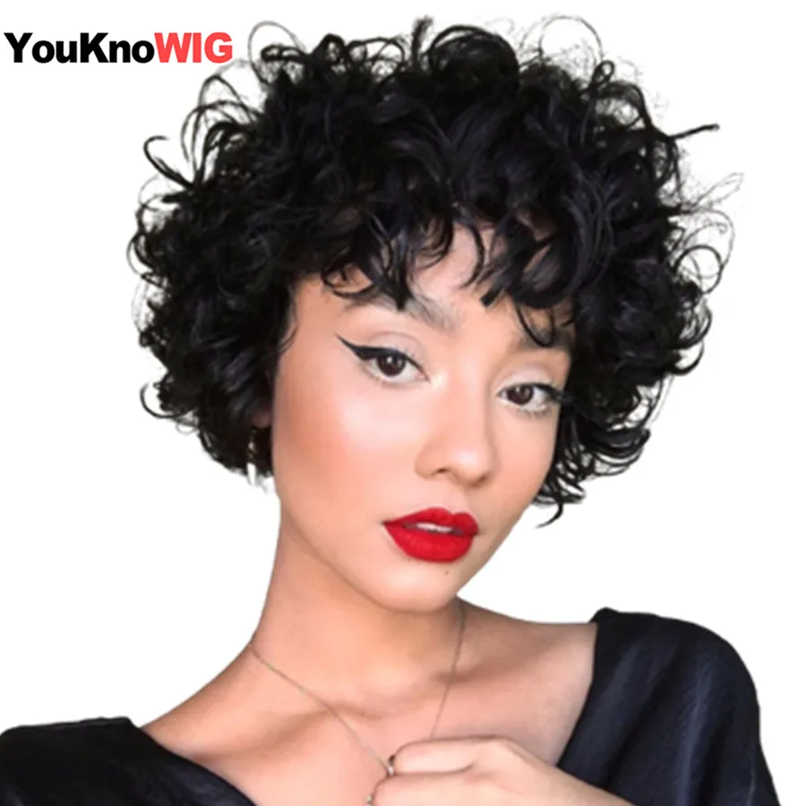 

Short Curly Wigs For Black Women Cheap Pixie Cut Human Hair Wigs With Bangs Non Lace Machine Made Wig Black Color Brazilian Hair