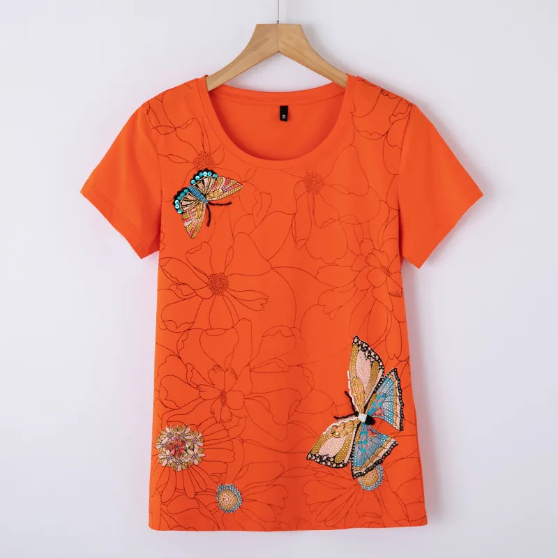 

2021 Summer Handmade Beaded New Short-Sleeved T-shirt Female European Grand Prix Butterfly Bottoming Shirt Fat