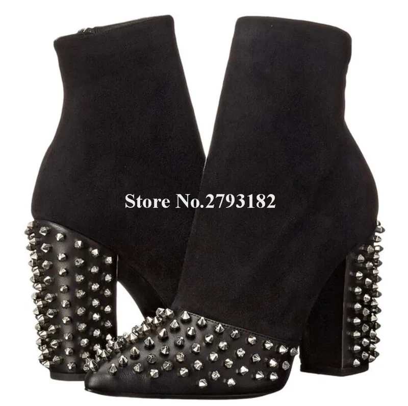 

Женские пикантные полусапожки с острым носком на толстом каблуке, черные Лоскутные ботильоны большого размера с заклепками на толстом каблуке
