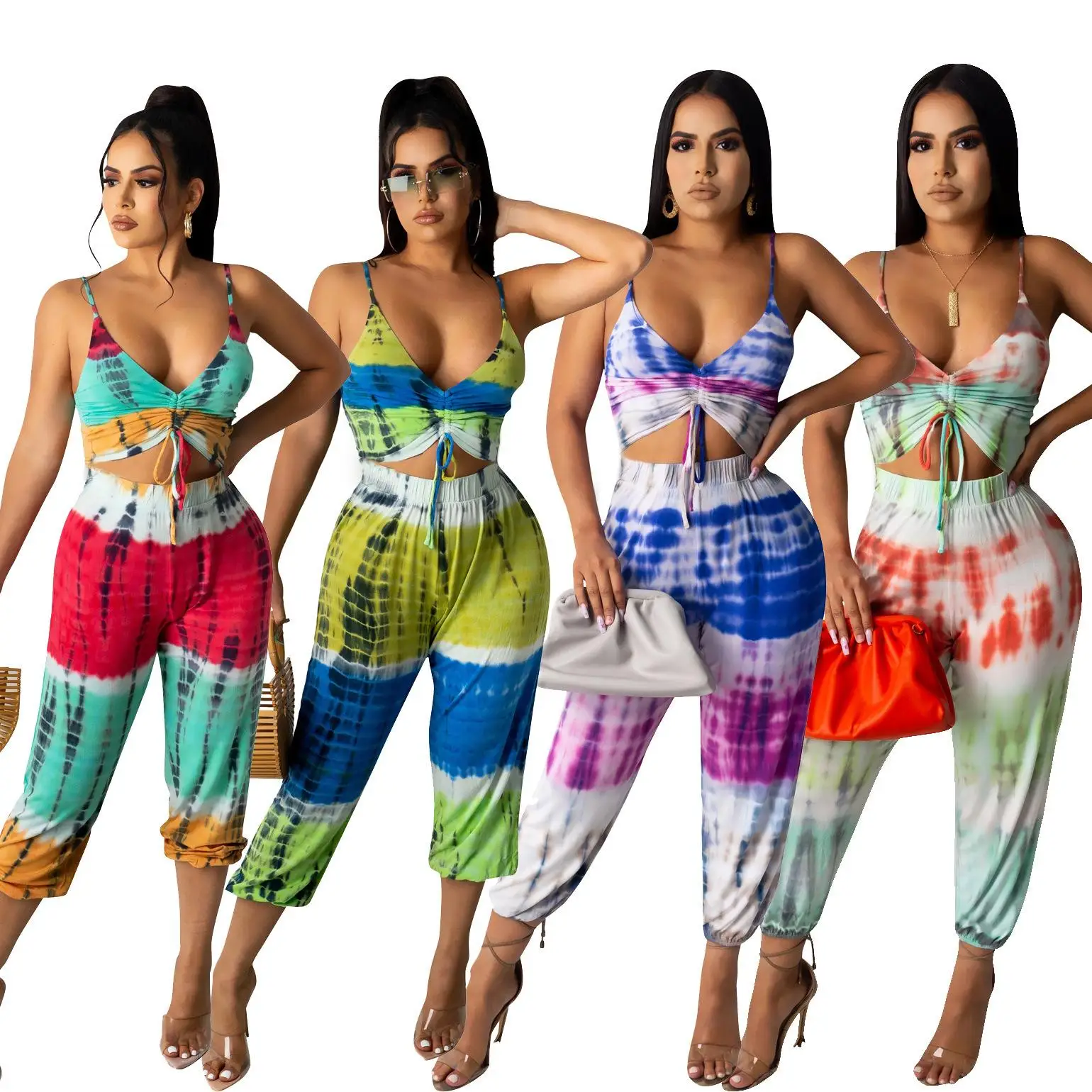 

Летний повседневный комбинезон на завязках с принтом Tie dye, комбинезон без рукавов с глубоким V-образным вырезом, цельный комбинезон на брете...