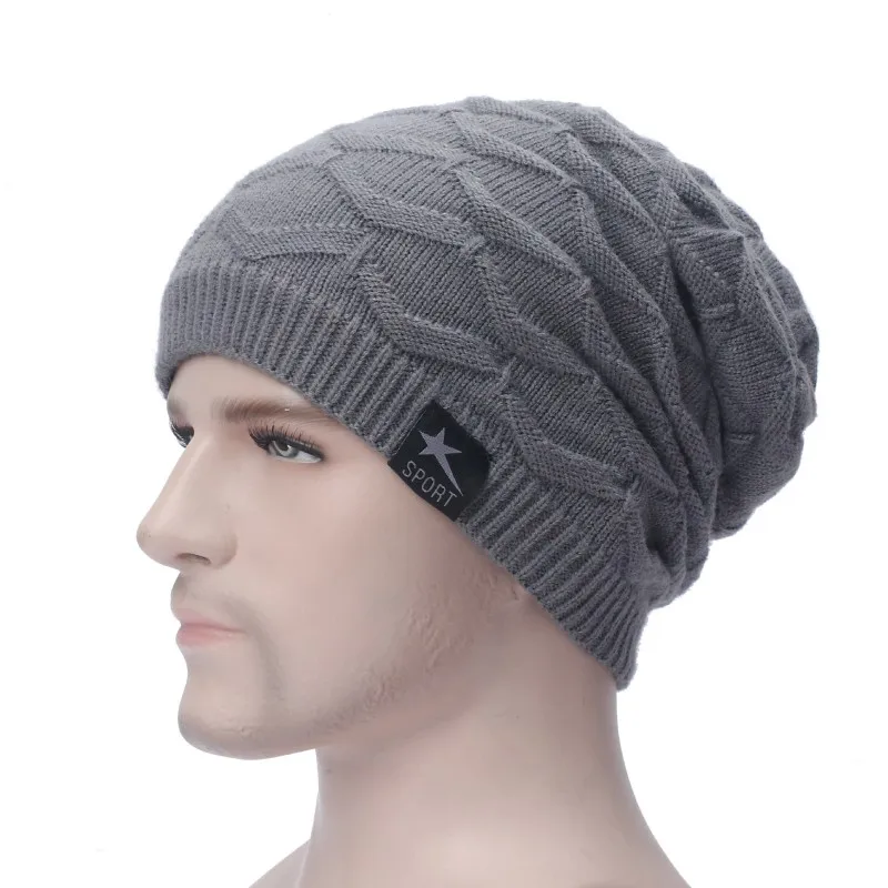 

Winter Beanie Cap Men Knitted Hat Cotton Thermal Warm Baggy Hats Outdoor Sports Hat Headwear Ear Protection