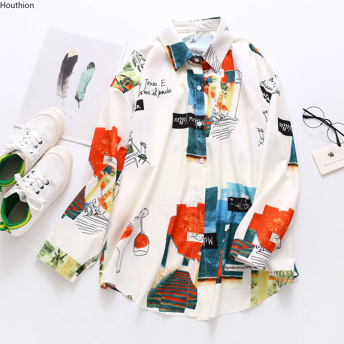 

Women's Blouses Chiffon Polo Shirts Casual Shirt Plus Size Loose Top Print Tops New Long Sleeve Summer Lady Blouse Houthion