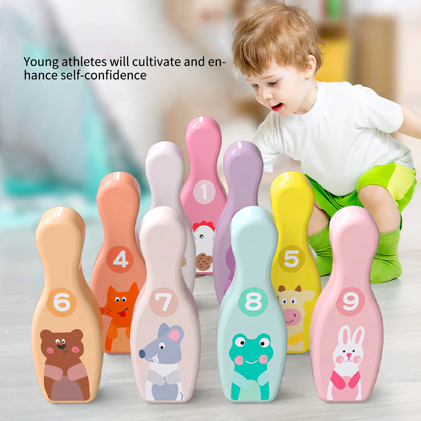 

Colorful Kids Wooden Cute Cartoon Bowling Pins Balls Shape Sport Color Learning Toy Digital Education Interactive Game Toys Set