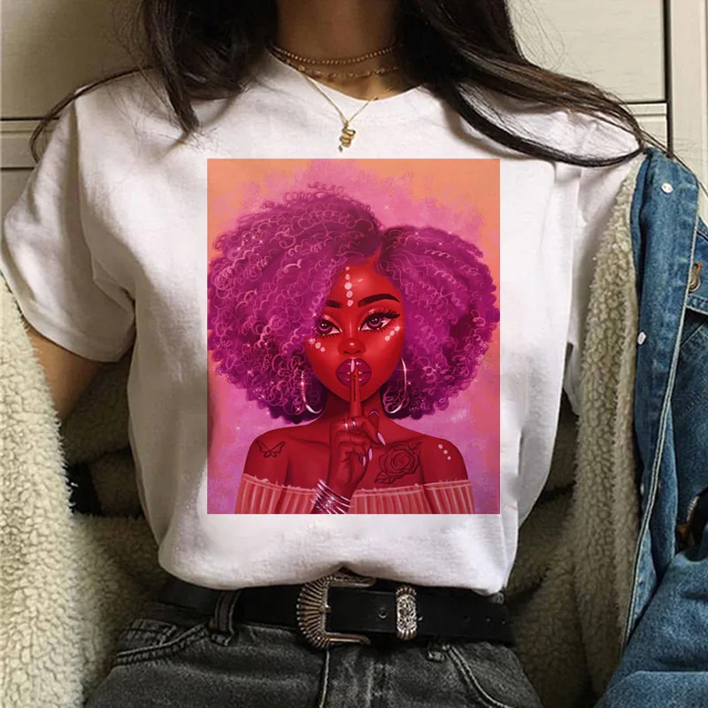 

2021 New Women T-Shirt Melanin Vogue Short Sleeve Shirt Black African Curly Hair Girl Printed Tee Streetwear Tops Female Clothes