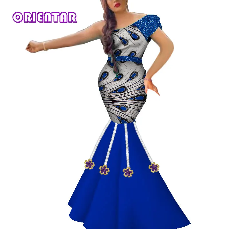 2019 New African Dresses for Women In African Clothing with Appliques Bazin Riche Lady African Mermaid Evening Dresses WY5089