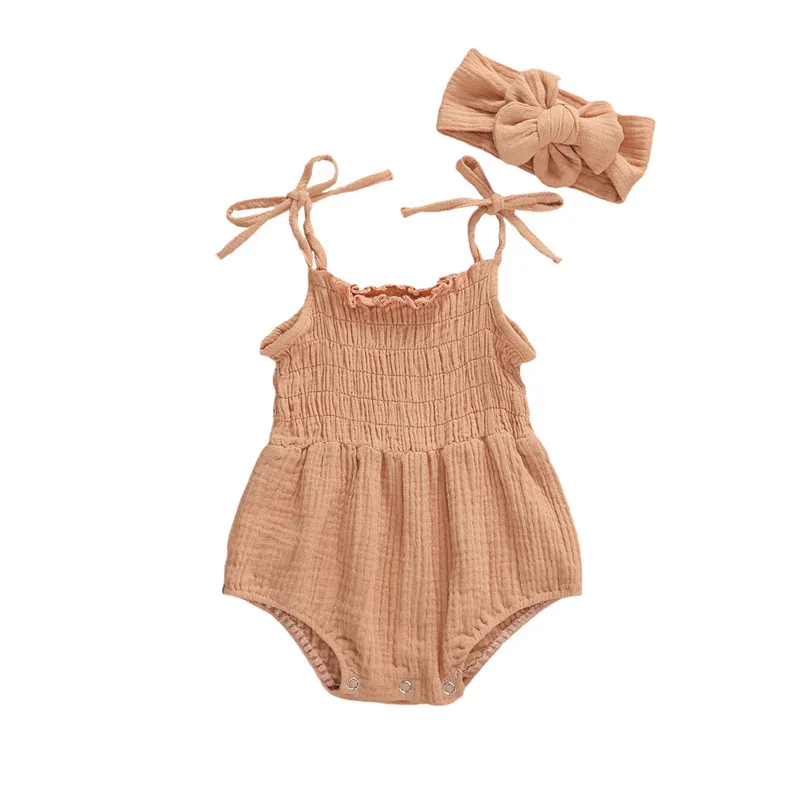 

Baby Girls Summer Romper with Hair Band Solid Color Sling Shoulder Tie Outfit Ruffle Pleated Button ClosureJumpsuit
