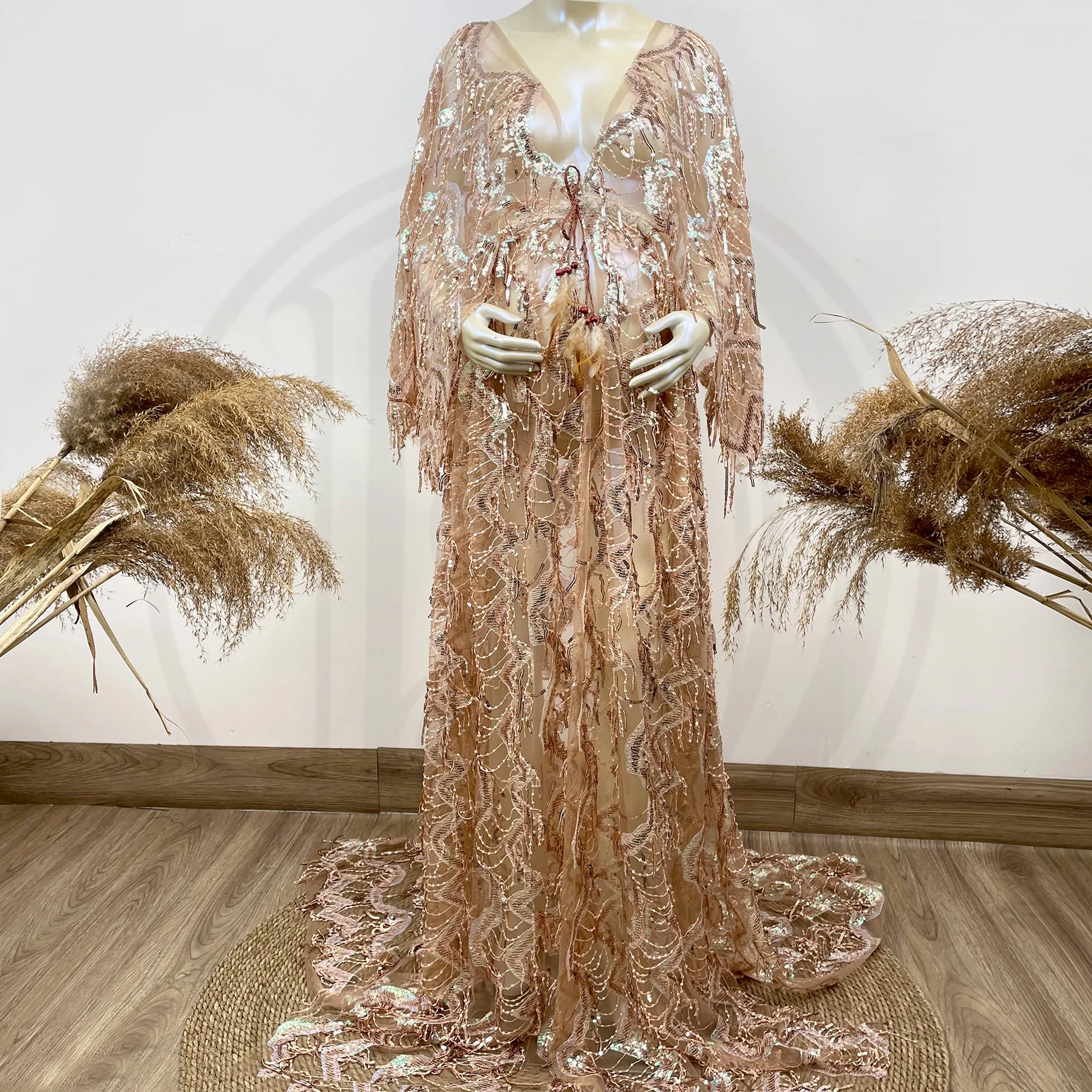 

Photo Shoot Sequin Boho Long Bell Sleeves Maternity Shiny Dress Pregnant Sparkle Gown Woman Photography Costume Baby Shower Robe