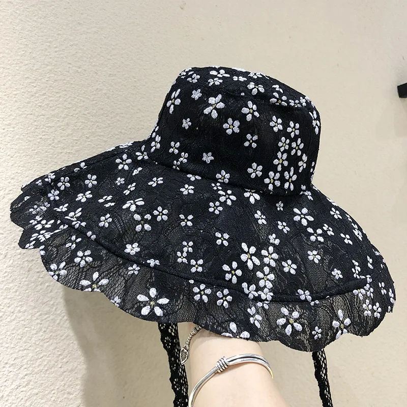 

Floppy Lace Flower Big Eaves Fisherman Hat Female Summer Retro Bandage Outing Sun Protection Sunshade Foldable Basin Hat