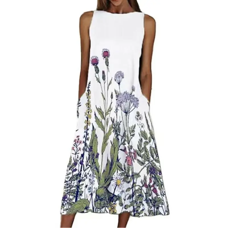 

Long T-shirt Dresses Women Crew Neck Floral Print Summer Sundress Sleeveless Midi Maxi Dress Casual Woman Dress