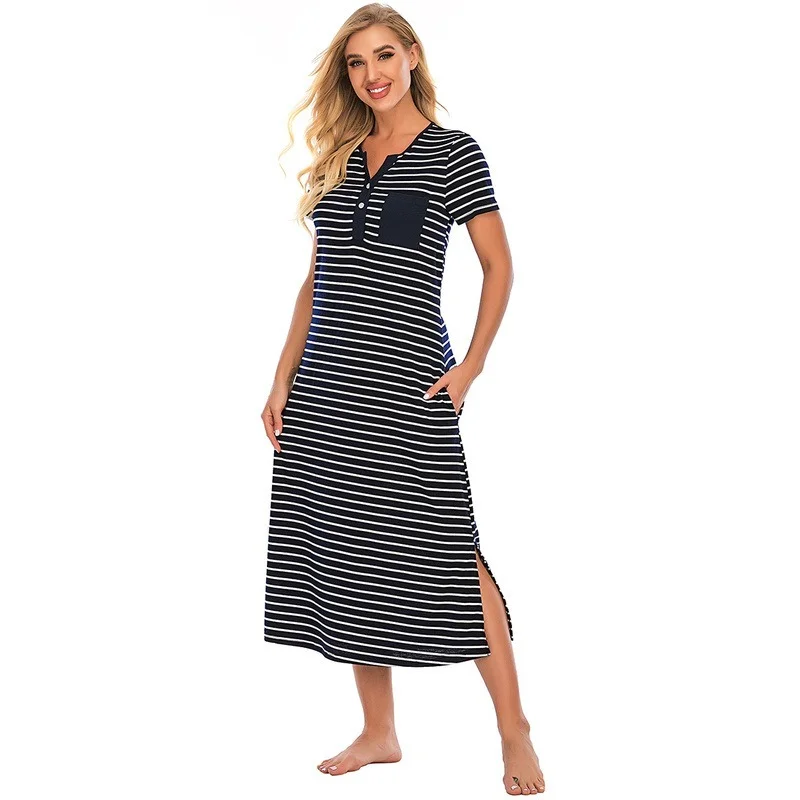 Hot Women Night Dress Long Nightgown Striped Home Dresses Loungewear Ladies Homewear Loose Sleepwear Casual Women's Home Dress