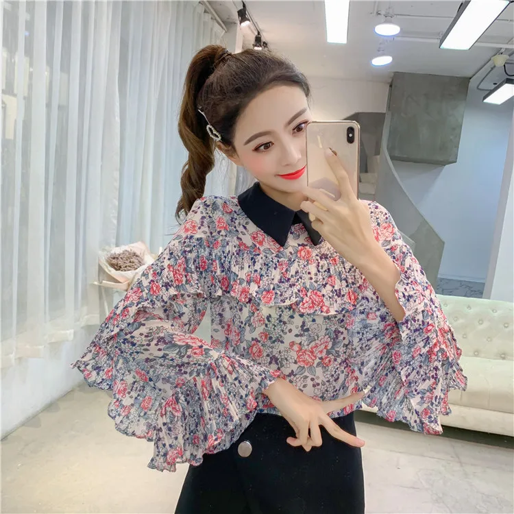 Spring Sweet Style Loose Print Blouse Women Shirts Chiffon Fashion Brand Korean Clothes Flare Sleeve Ruffles Floral Ladies Tops | Женская