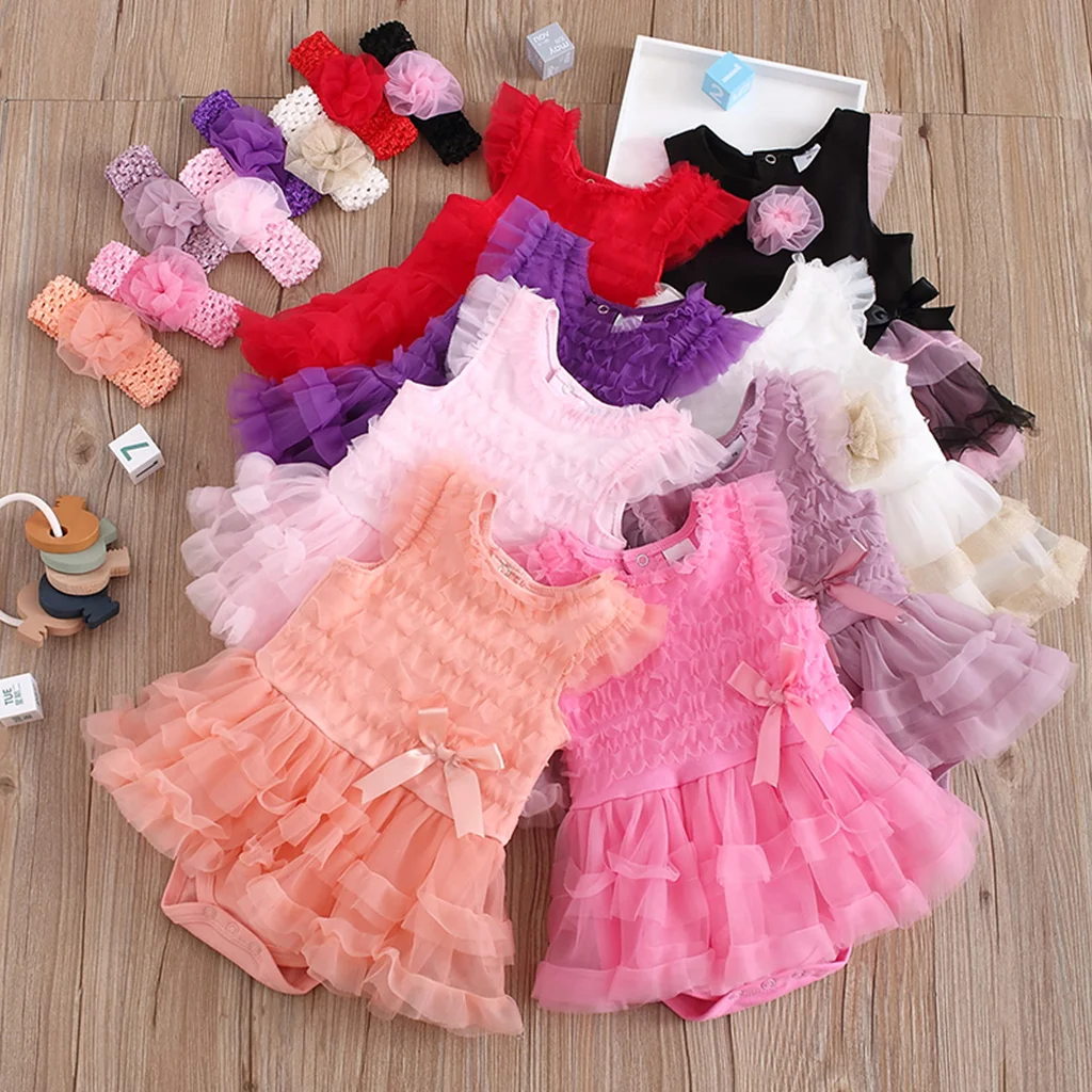 

Baby Girl\u2019s Sweet Solid Color Jumpsuits Headband Fashion Mesh Yarn Fly Sleeve Bow Skirt Wrapped Romper