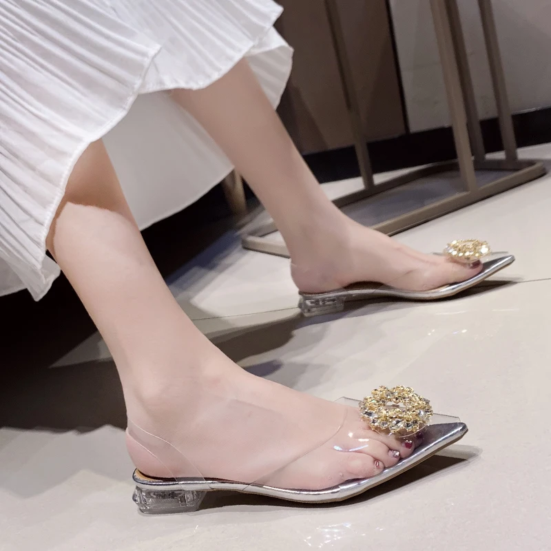 

Slip on Rubber Female Sandalen Flats Fashion Crystal Shoes Women Summer Pointed Toe PU Flat Shoes for Women Roman Beach Shoes