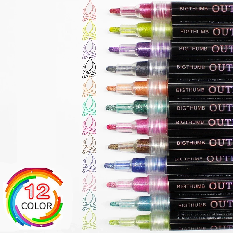 

12/24 Colors Double Line Art Outline Pen Student Set Metallic Color Highlighter Marker Double Pen Painting Writing Supplies