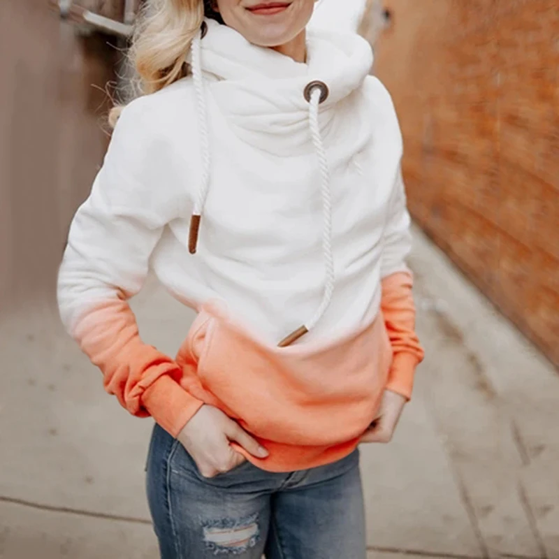 

Contrast Stitching Hooded Turtleneck Women Casual Solid Contrast Long Sleeve Hoodie Sweatshirt Tops Female Hooded Jumper