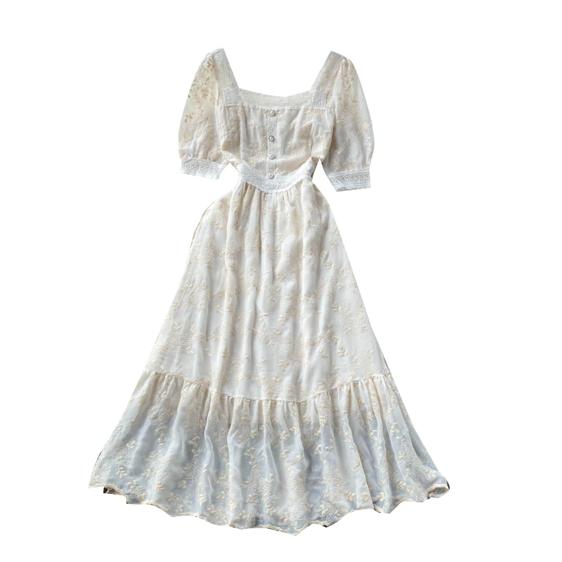 

2021 New Summer Fashion Vestidos Female Temperament Square Neck Puff Sleeve Slim Ruffle Midi Dress DK914