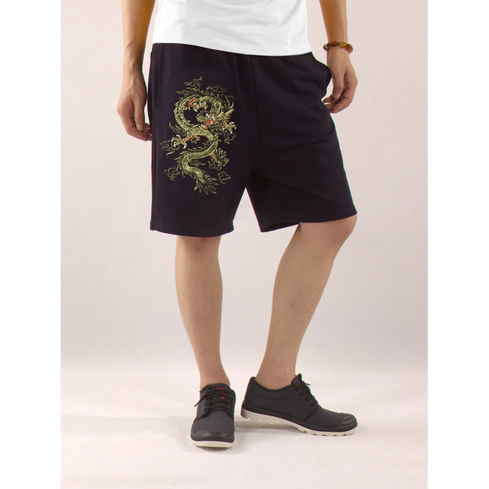 

Summer New Men Casual Shorts Chinese Style Retro Gold Dragon Embroidery Loose Breathable Sport Running Cotton Five-Point Pants