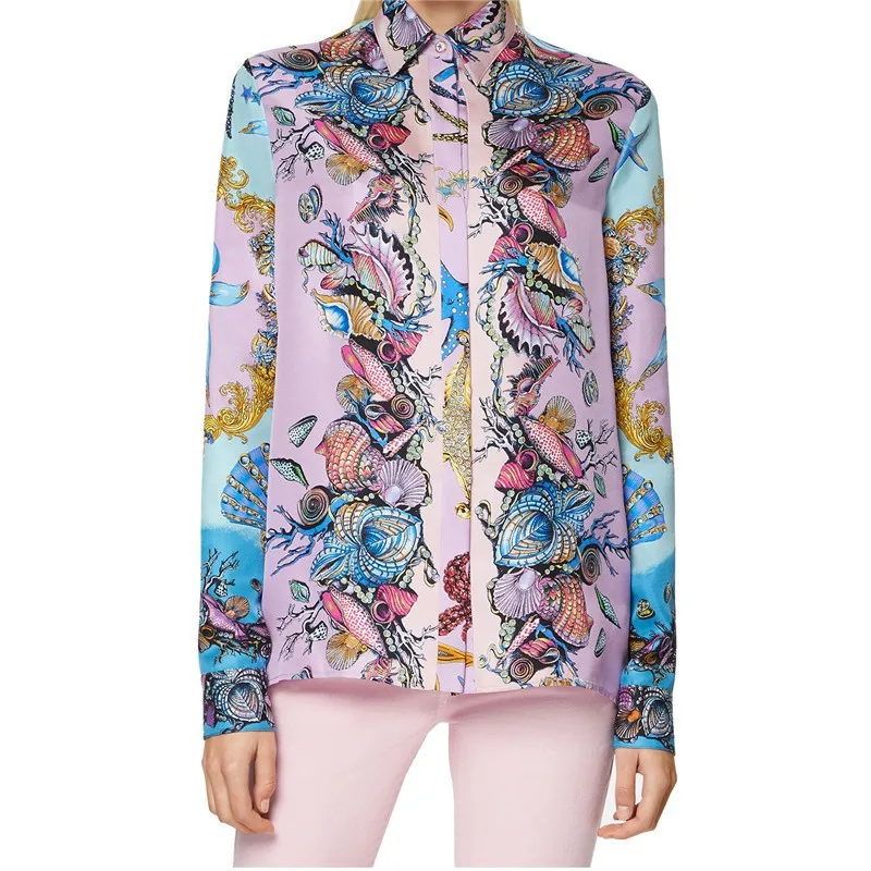 

Europe and America latest Baroque printed single-breasted shirt + elastic bottoming trousers