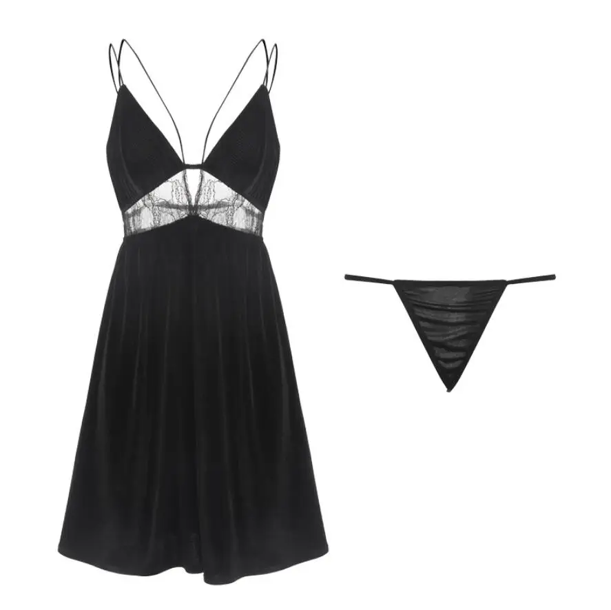 

Fashion Velvet Women Sexy Lace Robe Sleepwear Warm Winter Home Wear Set Suit Sleeveless Nightwear 2021