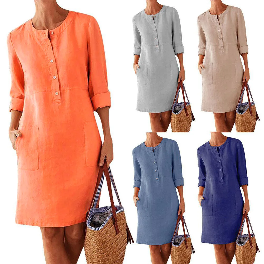 

2020 Fashion Autumn Women's MIDI Dress Women's Solid Color Loose Cotton Hemp New O-neck Long Sleeve Casual Dress Vestidos