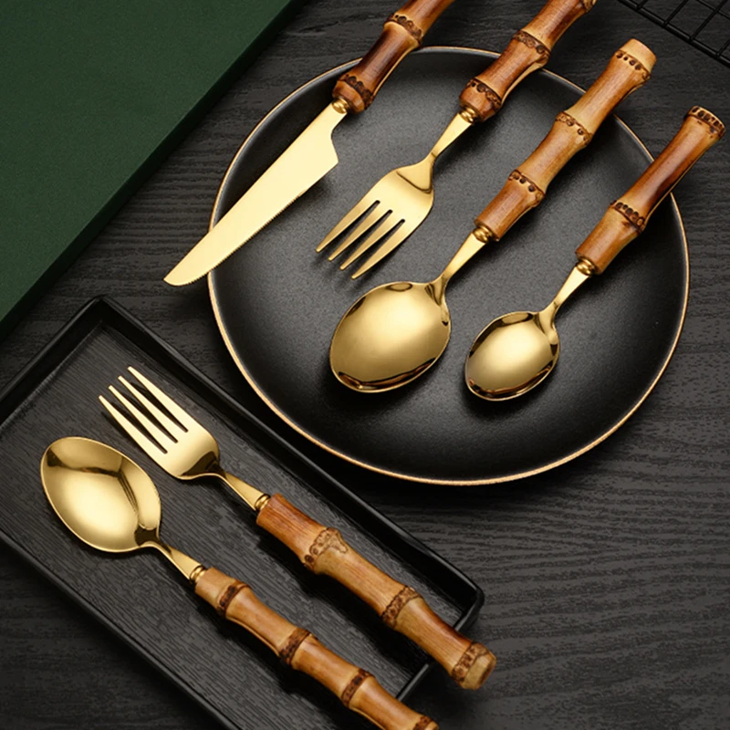 

Bamboo Handle Tableware for Kitchen Housewares Dinnerware Western Cutlery Creative Stainless Steel Golden Knife Fork Spoons