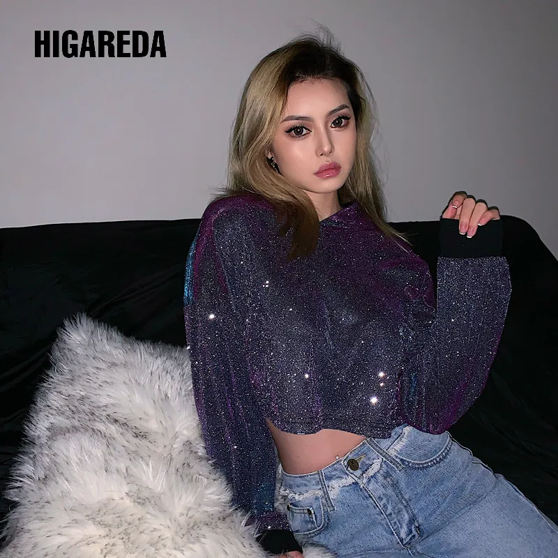 

Casual Glitter Crop Top Sweatshirt Autumn Long Sleeve Loose Hoodies Women Harajuku Korean Sweat Shirt Party Club 2020