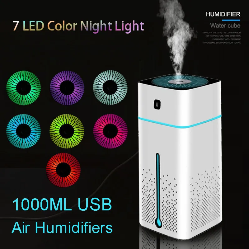 

1000Ml Air Humidifier Ultrasonic Usb Diffuser Aroma Essential Oil Led Night Light Mist Purifier Humidifier High Quality Freeship