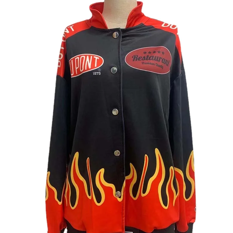 

Women Embroidery Baseball Jacket Lapel Flame Printing Varsity Jacket Hip Hop Female Casual Loose Coats Oversized Outerwear Autum