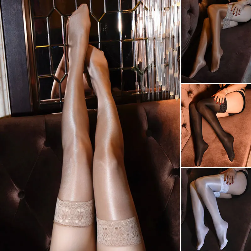 Women Sexy 70D Oil Shiny Thigh High Stockings Lace Top Pantyhose Anti-slip Silicone Transparent Long Over The Knee Silk | Женская одежда