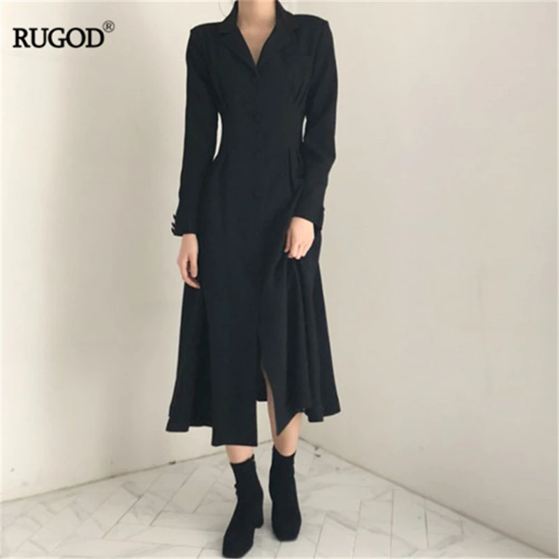 Женское однобортное платье-трапеция RUGOD черное облегающее платье с отложным