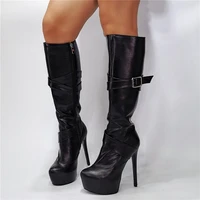 women designer black thin high heel knee cowboy boots platform zipped thigh high buckle boots slim fit fall winter dress shoes