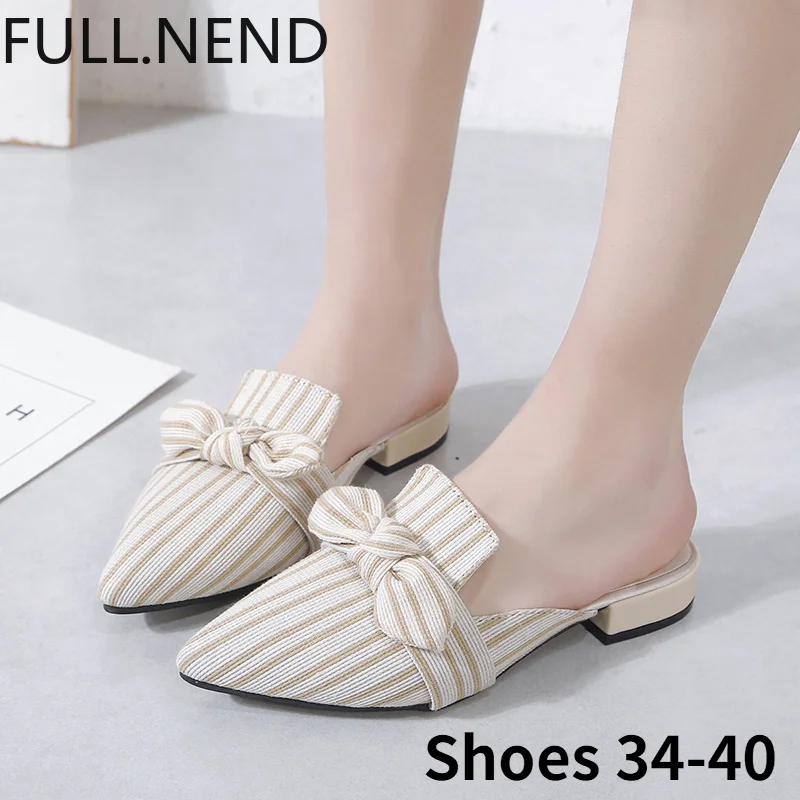 

Pointed Half Slippers Women Summer Wear New Style Striped Bow Knot Baotou Thick Heel Muller Shoes High Heels Women