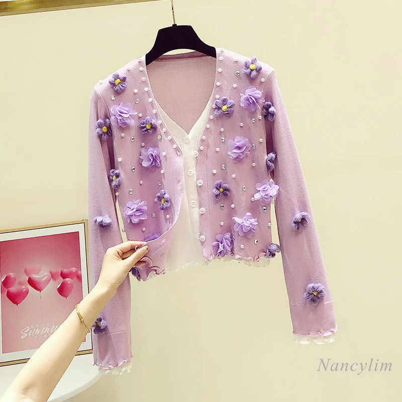 

Sweet Handmade Beaded Sequins Three-Dimensional Flower V-neck Knitted Cardigan Women Spring Autumn New Sweater Coat Fashion