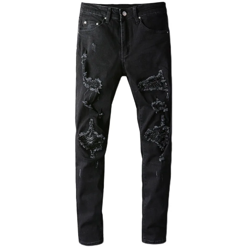

New men's male trousers fashion High Street Brand black Patch Leather Patch Hole Black Jeans Men Stretch Slim Thin denim Pants