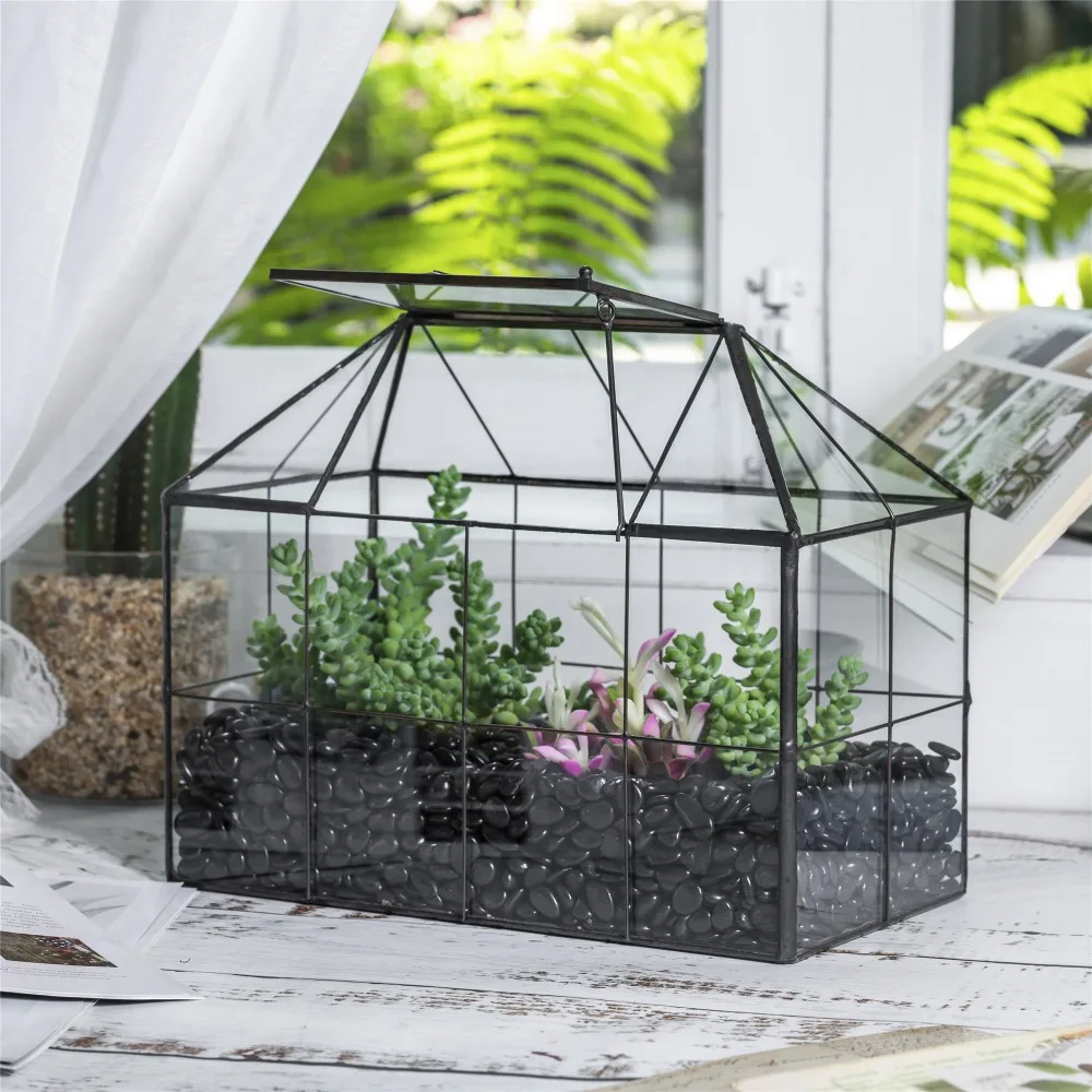 NCYP Glass Geometric Terrarium Tin-Sealed Brass Black House Shape Container with Grid and Swing Lid for Moss Succulents Cacti