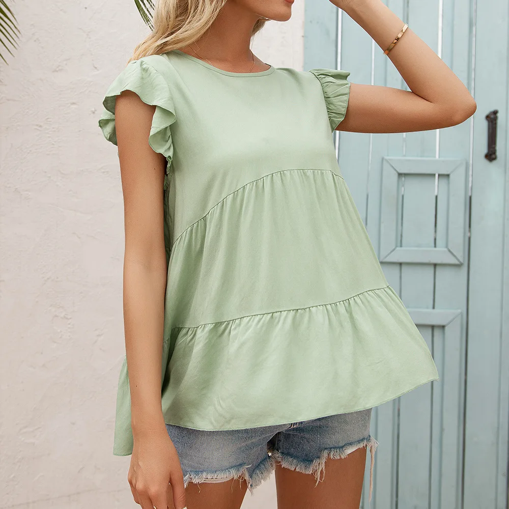 

2021 summer new women's loose round neck fungus sleeve short-sleeved top T-shirt women