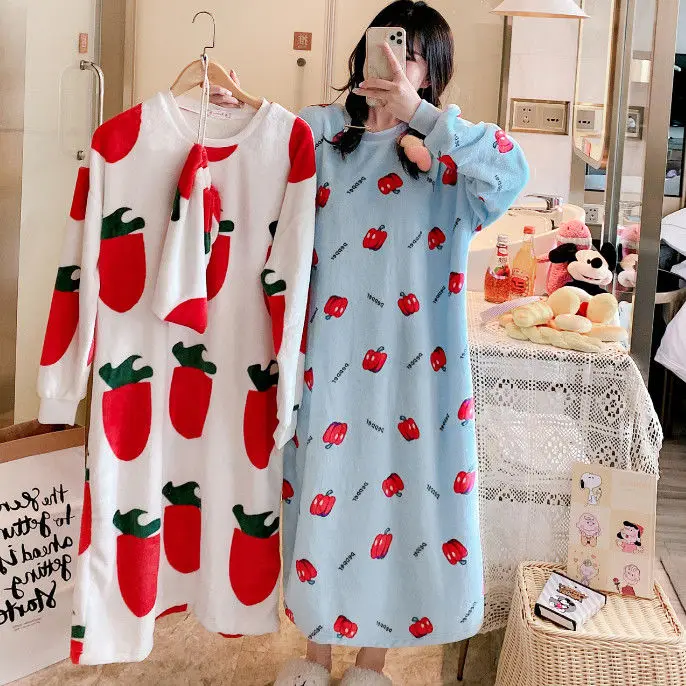 Autumn and Winter Facecloth Flannel Nightgown Thickened Coral Velvet Pajamas Female Loose Plus Size Home Wear Sleepwear Women