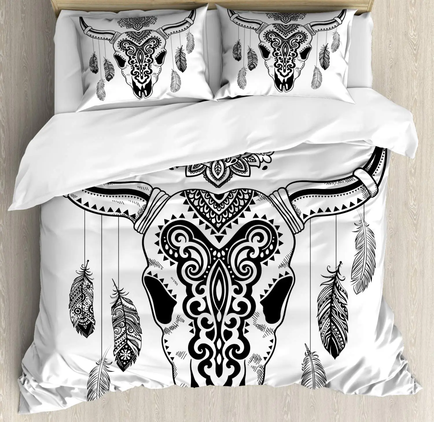 Племенной пододеяльник набор Западная Bull Череп Мандала Стиль темно в народном