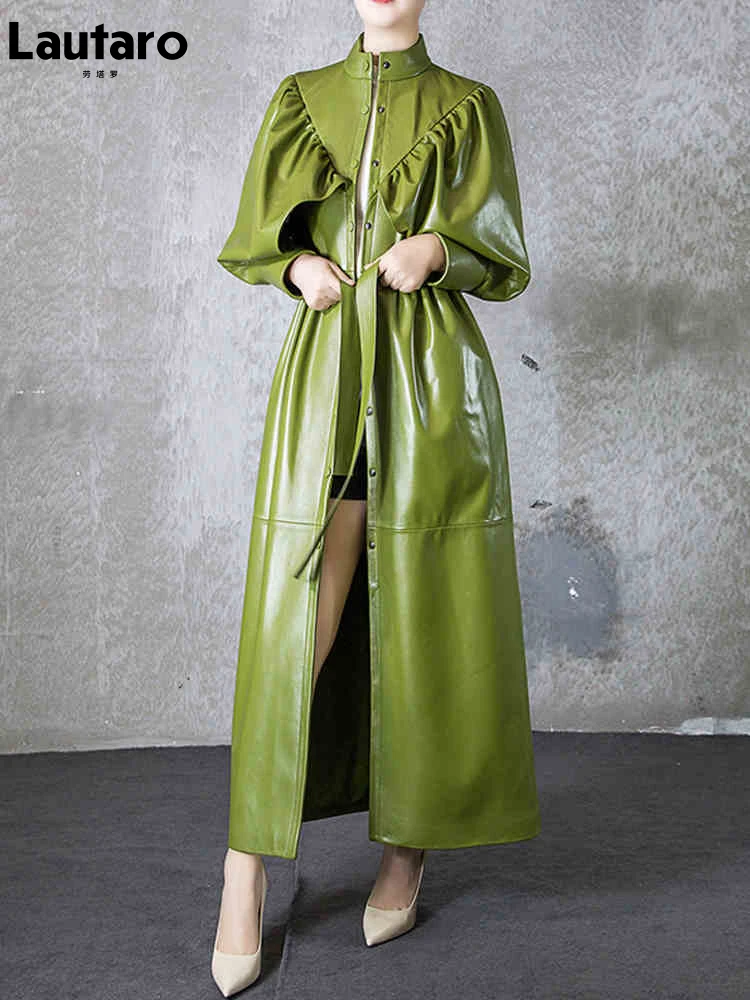 Lautaro Autumn Green Black Maxi Soft Faux Leather Trench Coat for Women Designer Long Stylish Elegant Luxury Retro Fashion 2022