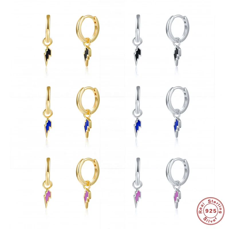 

Aide 925 Sterling Silver Colorful Enamel Lightning Shape Pendant Dangle Earrings For Women Small Circle Charm Drop Earrings Gift