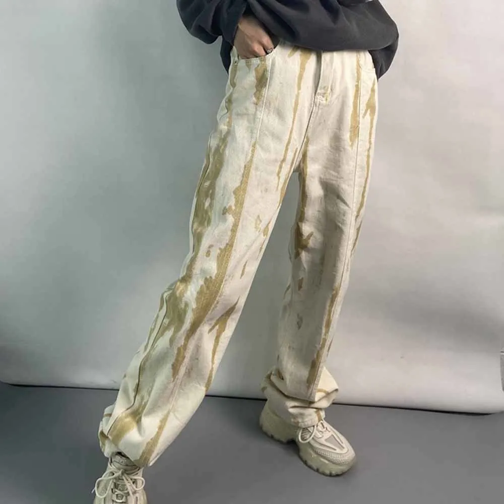 

5XL Women's Jeans High Waist Tie-dye Streetwear Loose Vintage Wide-leg Casual Jeans 2022 Fall Straight Pants Ladies