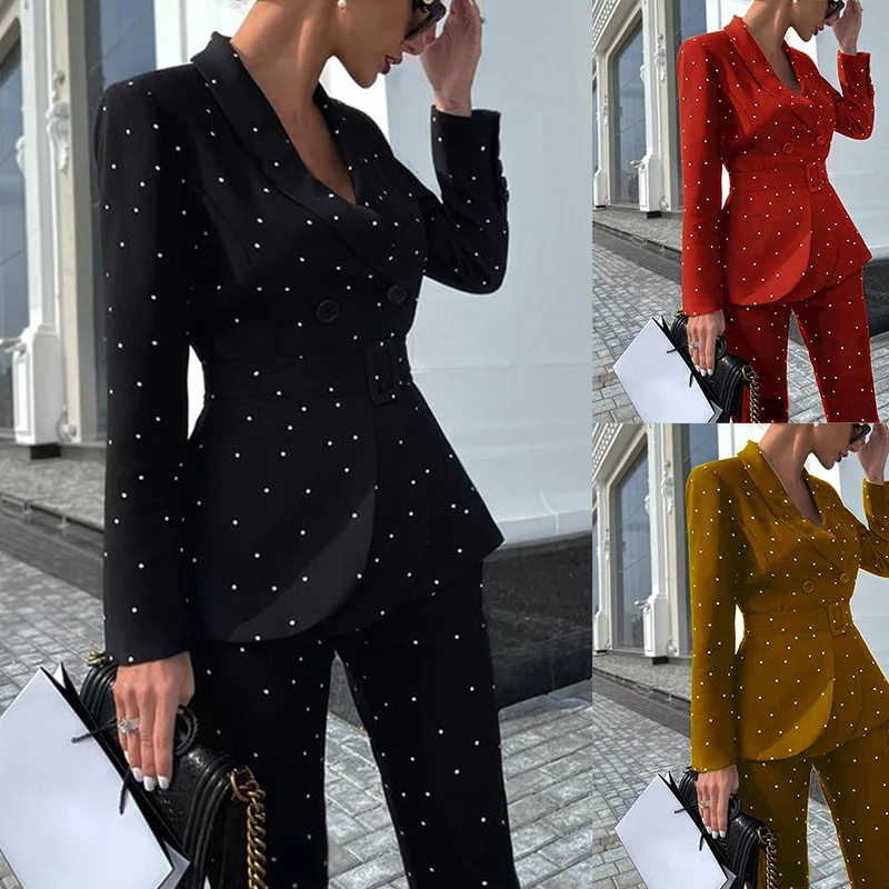 

2021 autumn and winter new women's temperament black wave point long sleeve suit coat two-piece set Long-sleeved jacket+trousers