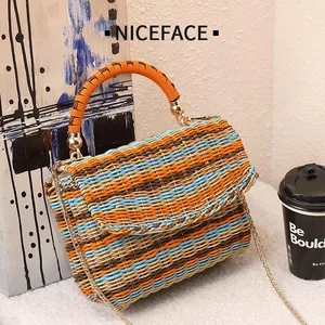 Fashion Rattan Small Square Bags For Ladies Handmade Colorful Top Handle Bag Casual Straw Crossbody Bags Women Shoulder Bag New