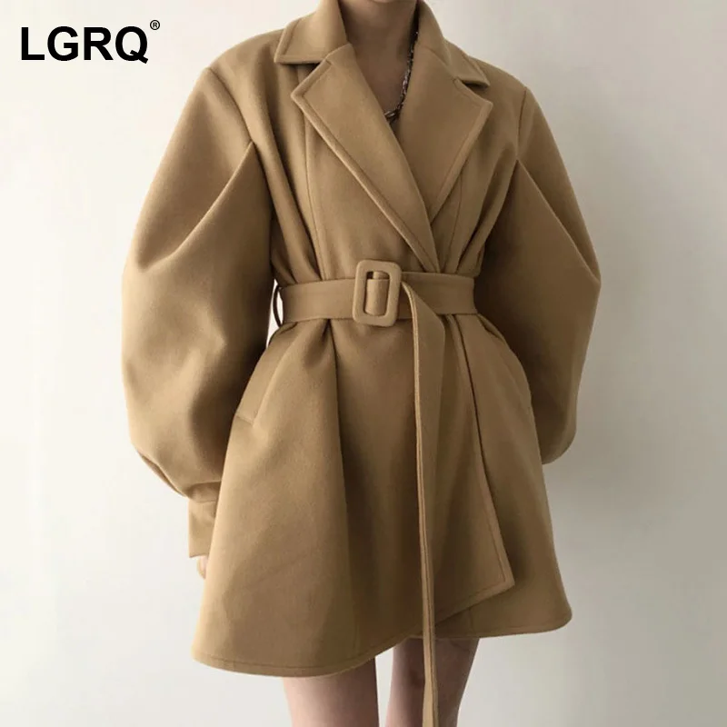 

[LGRQ] Vintage Loose Belt Warm Woolen Coat Parkas New Lantern Sleeve Women's Fashion Tide Autumn Winter 2021 19D5451