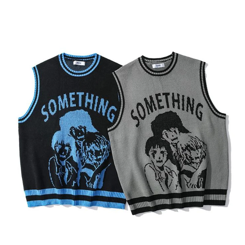 

Women College Vest Sweaters Casual Hip Hop Knitted Sleeveless Sweater Man Women Cartoons Anime Pattern Tops Couples Streetwear